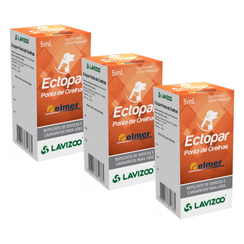 Kit 03 Ectopar Ponta de Orelhas 5ml Repele Moscas e Carrapatos Cães