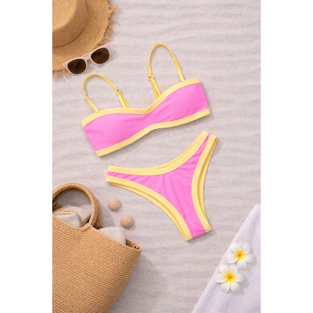 Biquíni Feminino Rosa Top Bicolor Asa Delta Verde Amarelo Bojo Removível e Tecido Resistente Brilhante