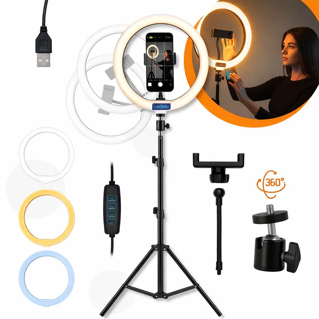 Kit de Iluminação Ring Light 8 Pol Tripé 2,1m Controle no Cabo e Suporte para Smartphone