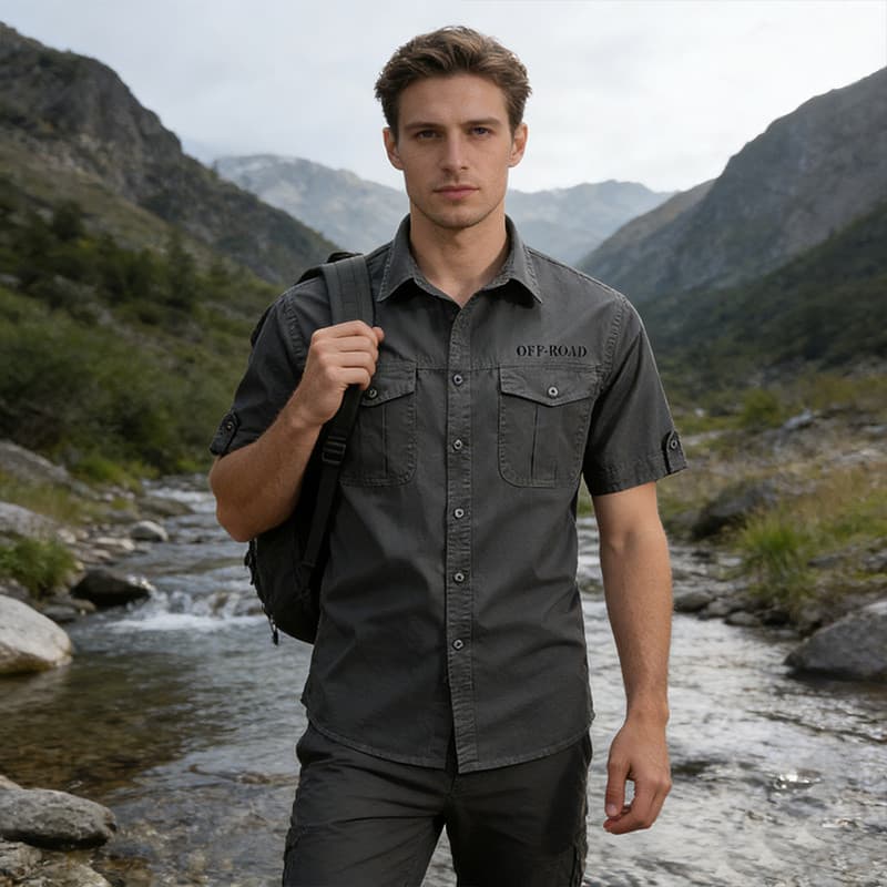 Camisa 100% Algodão Ao Ar Livre Estilo Militar Masculina Camisa Social Manga Curta Com Bolsos