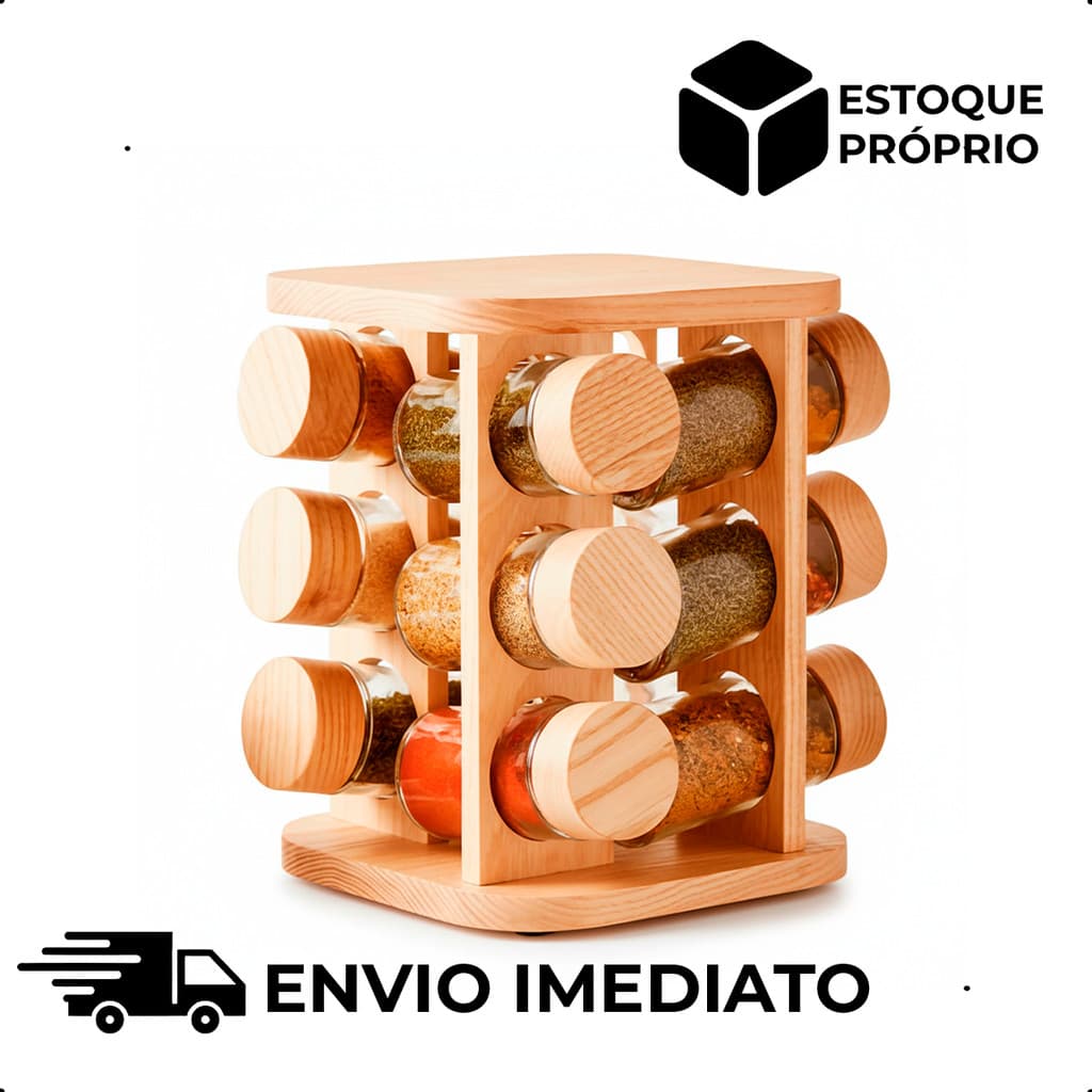 Kit Suporte Bambu 12 Potes Porta Temperos Giratório 360° Bambu Potes Vidro Especiarias Organização