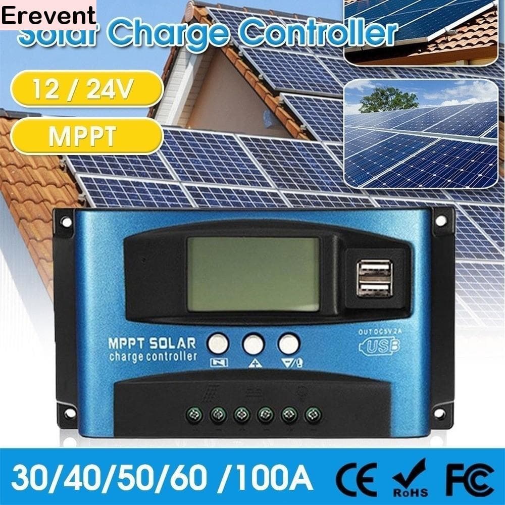 Controlador de Carga Solar MPPT 12V/24V 30A 40A 100A Display Digital Proteção Bateria Uso Doméstico Alta Eficiência