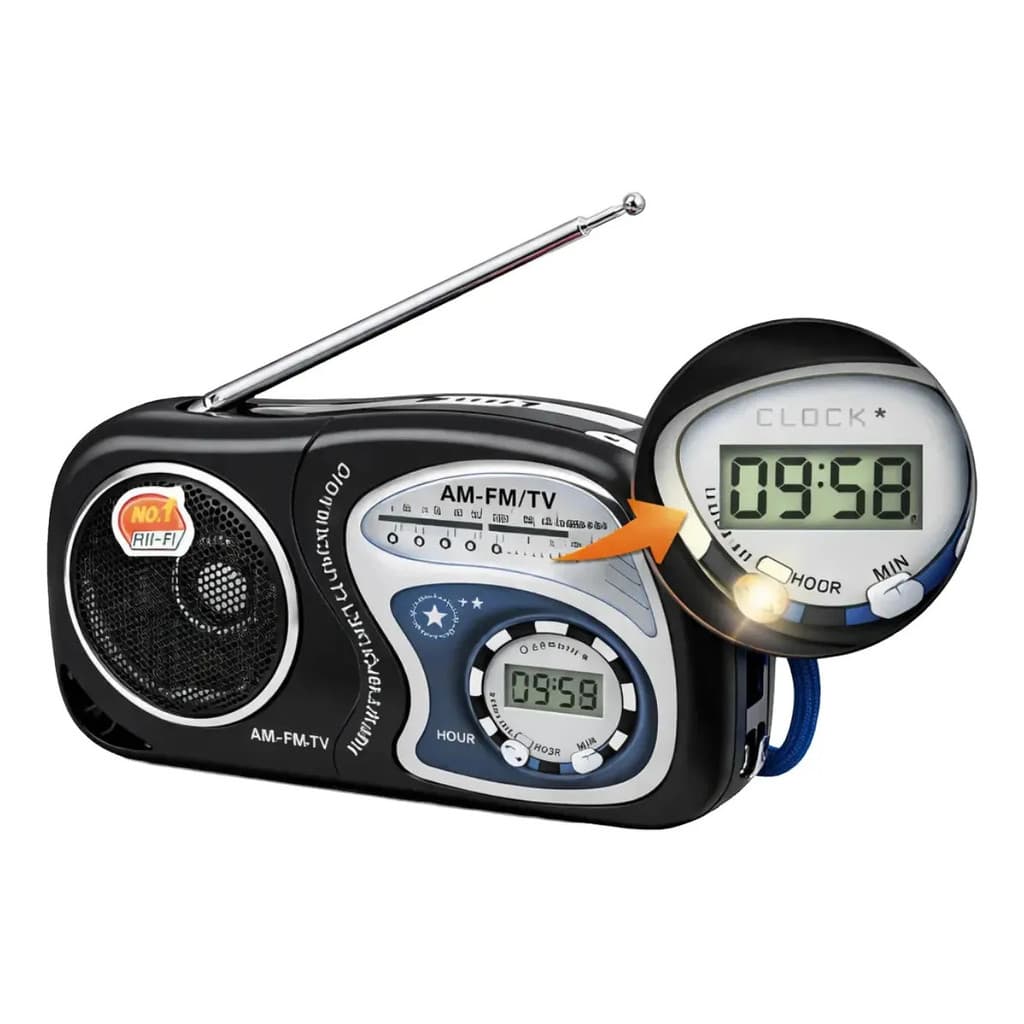 Mini Rádio Portátil Am Fm Tv Lcd Saída Fone Com Relogio Hora