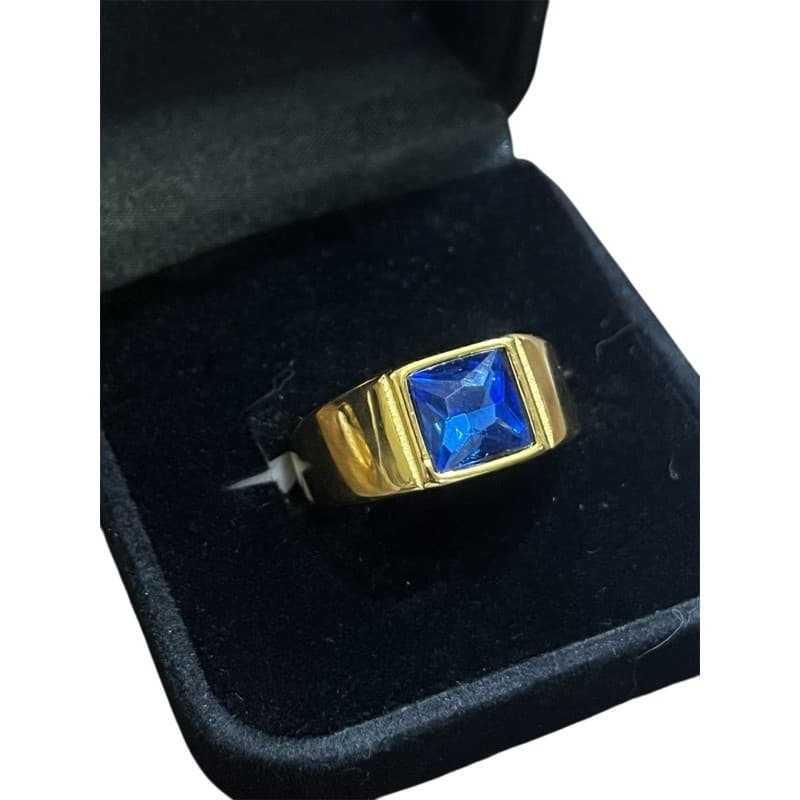 Anel Masculino de Aço Dourado com Pedra Colorida Quadrado com Caixinha