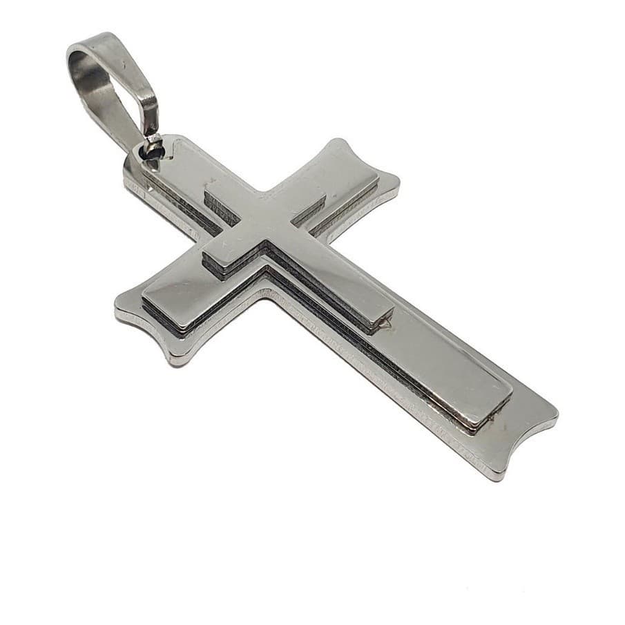 Pingente Crucifixo Cruz Grande Em Alto Relevo Aço Inox Prata