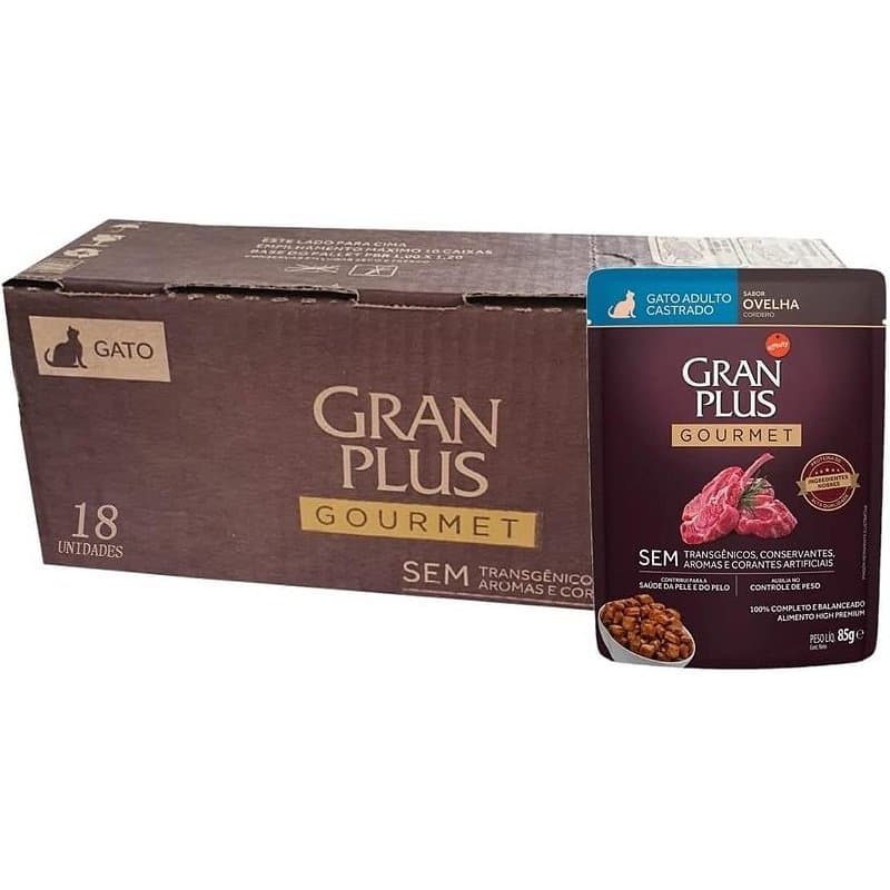 Sachê Gran Plus Gourmet Gato Castrado Ovelha 85g Caixa com 18 Sachês
