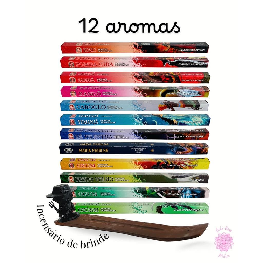 Kit 12 Incensos Orixás Umbanda Exu Pomba Gira Ogum Oxum Yemanjá + Incensário Brinde