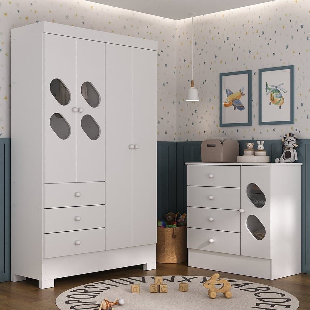 Quarto Infantil / Juvenil com Guarda Roupa e Cômoda Stella Branco