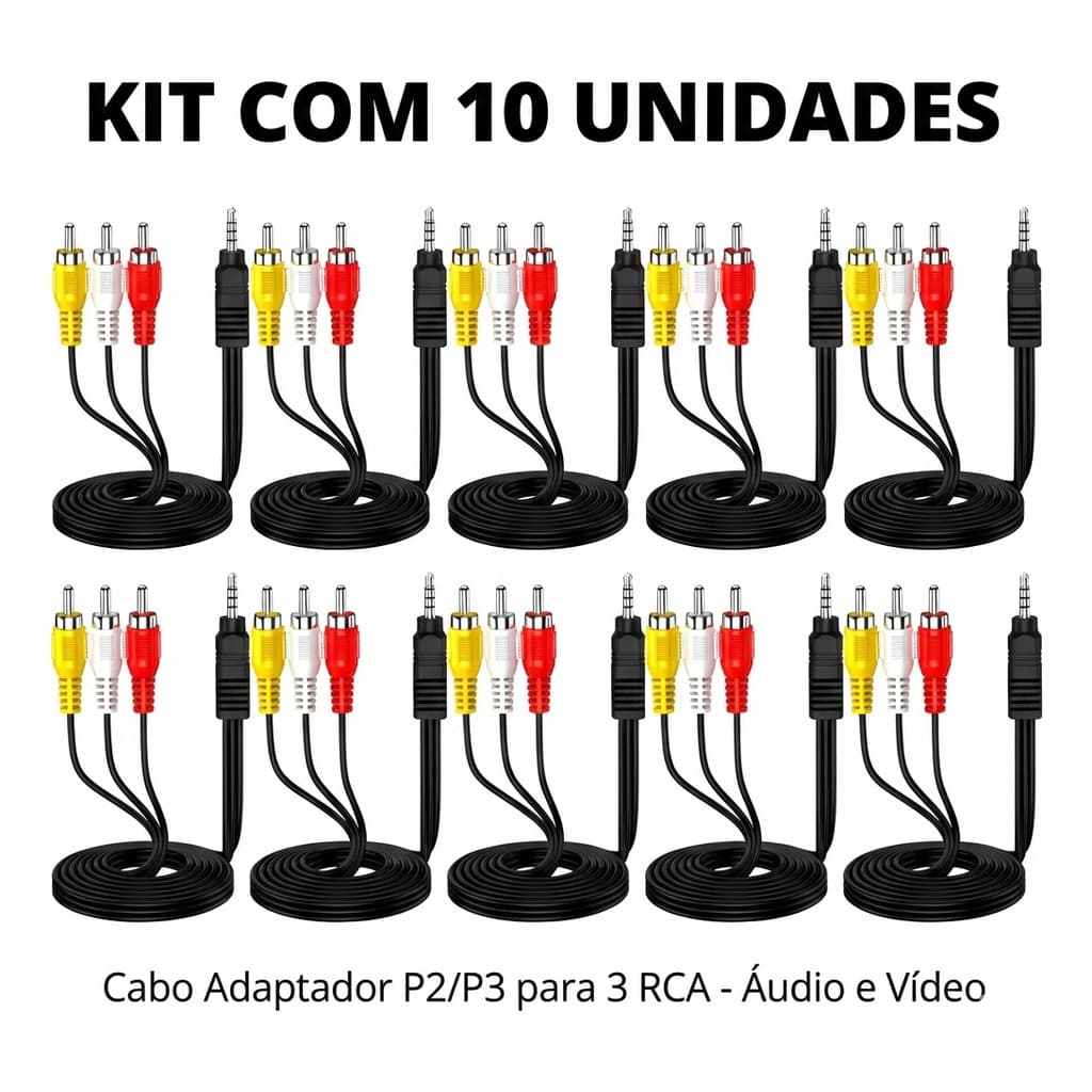 Kit 10 Cabo Adaptador P2 P3 Para 3 Rca Áudio Vídeo Tv Box