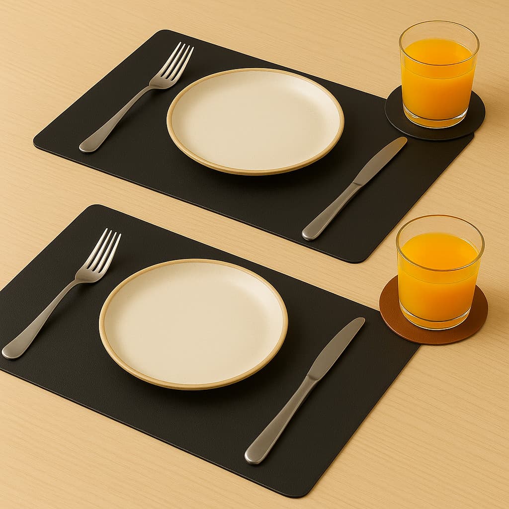 Kit Jogo Americano Retangular Para mesa de jantar couro + Porta copos kit 2 4 6 8 pçs