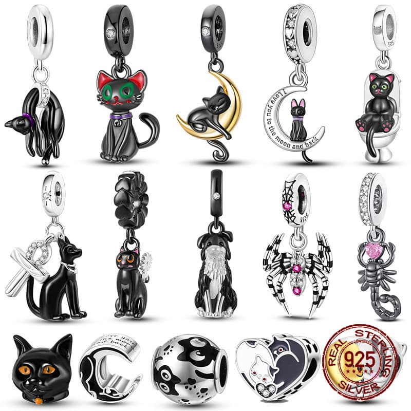 Charms Berloque 925 Prata Preto Gato Encantador Contas Pata Impressão Broto Caber 4MM Diâmetro Do Furo Pulseira Presen