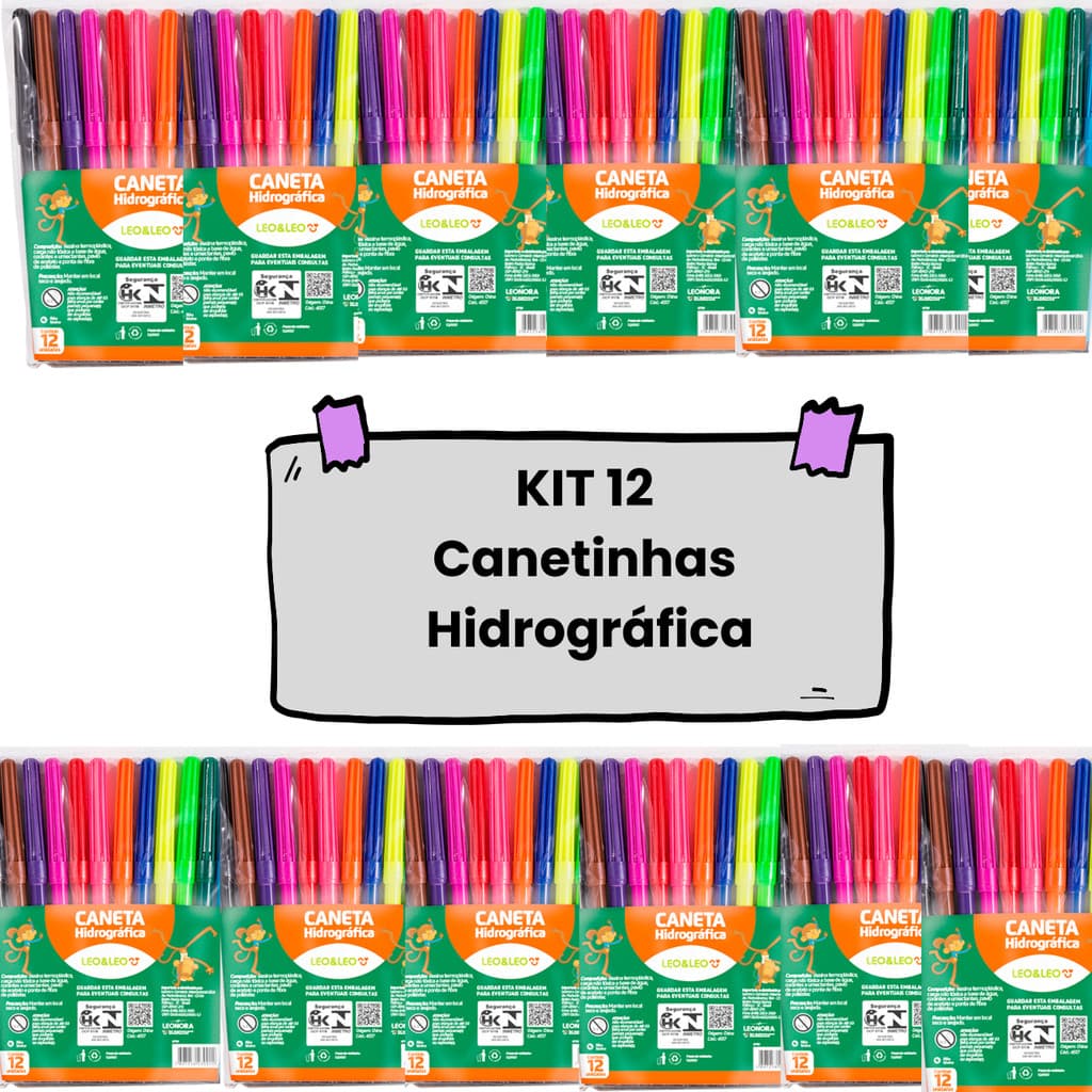 Kit 12 Estojos Canetinha Hidrográfica 12 Cores Escolar Infantil Leo & Leo