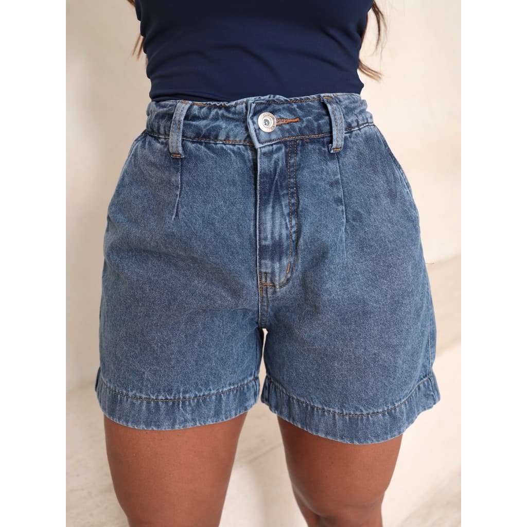 Short Jeans Feminino com Elástico Cintura Alta 100% Algodão Soltinho Largo