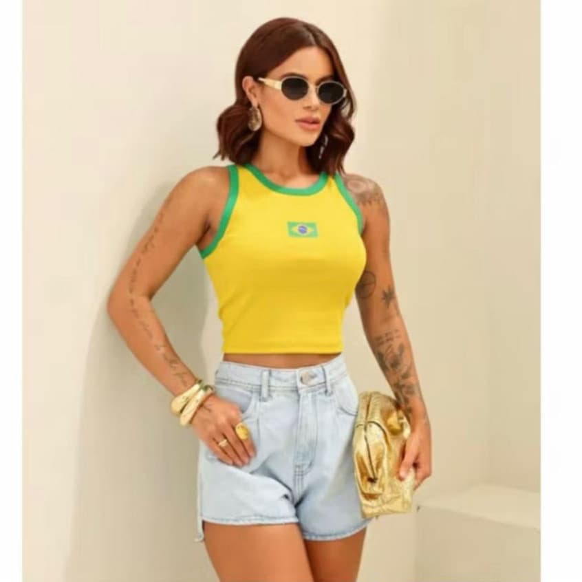 Cropped Regata Feminino Brasil Canelado Bandeira Copa do Mundo 2026 Torcida Verde Amarelo torcida