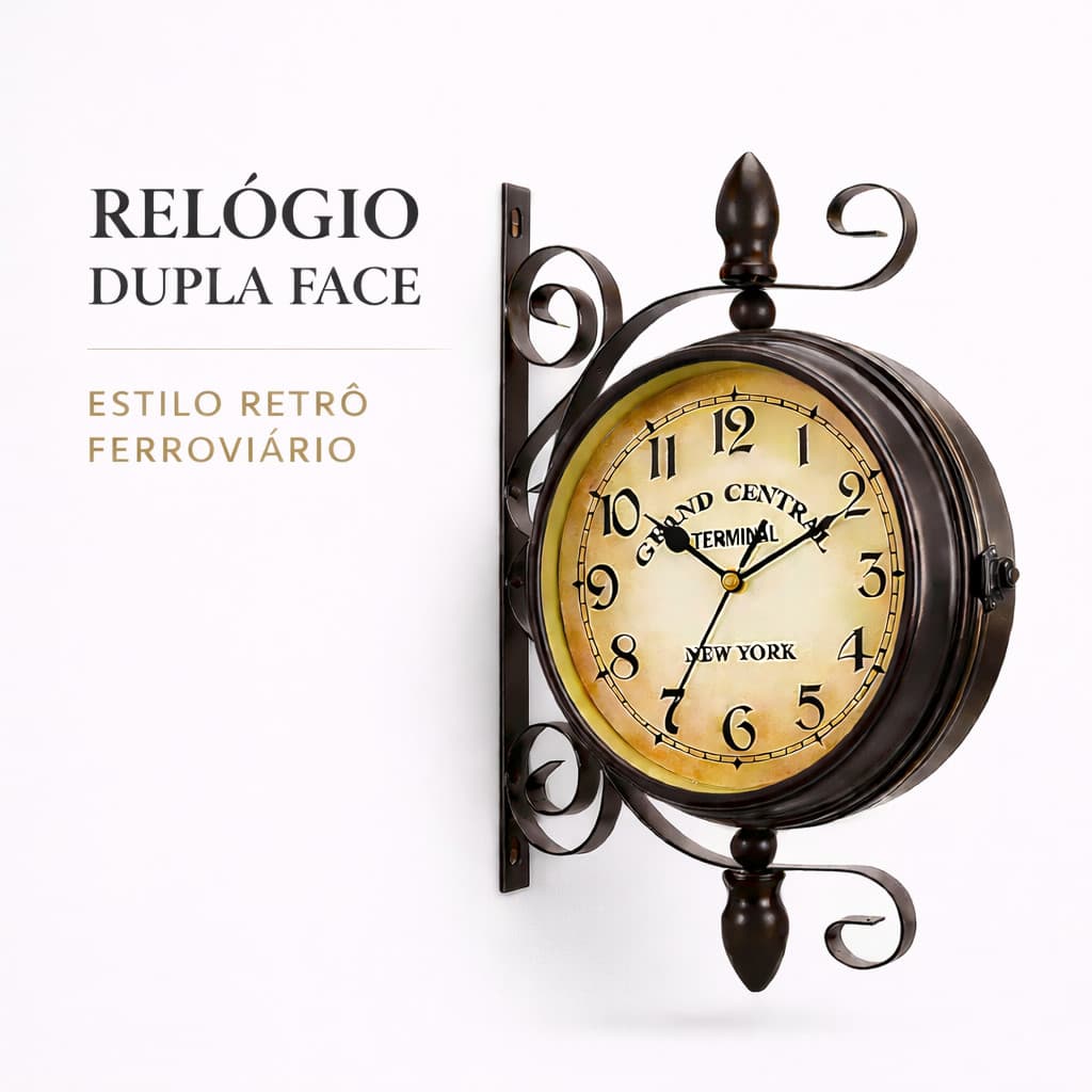 Relógio Dupla Face Retrô Estação Ferroviária Linha Premium