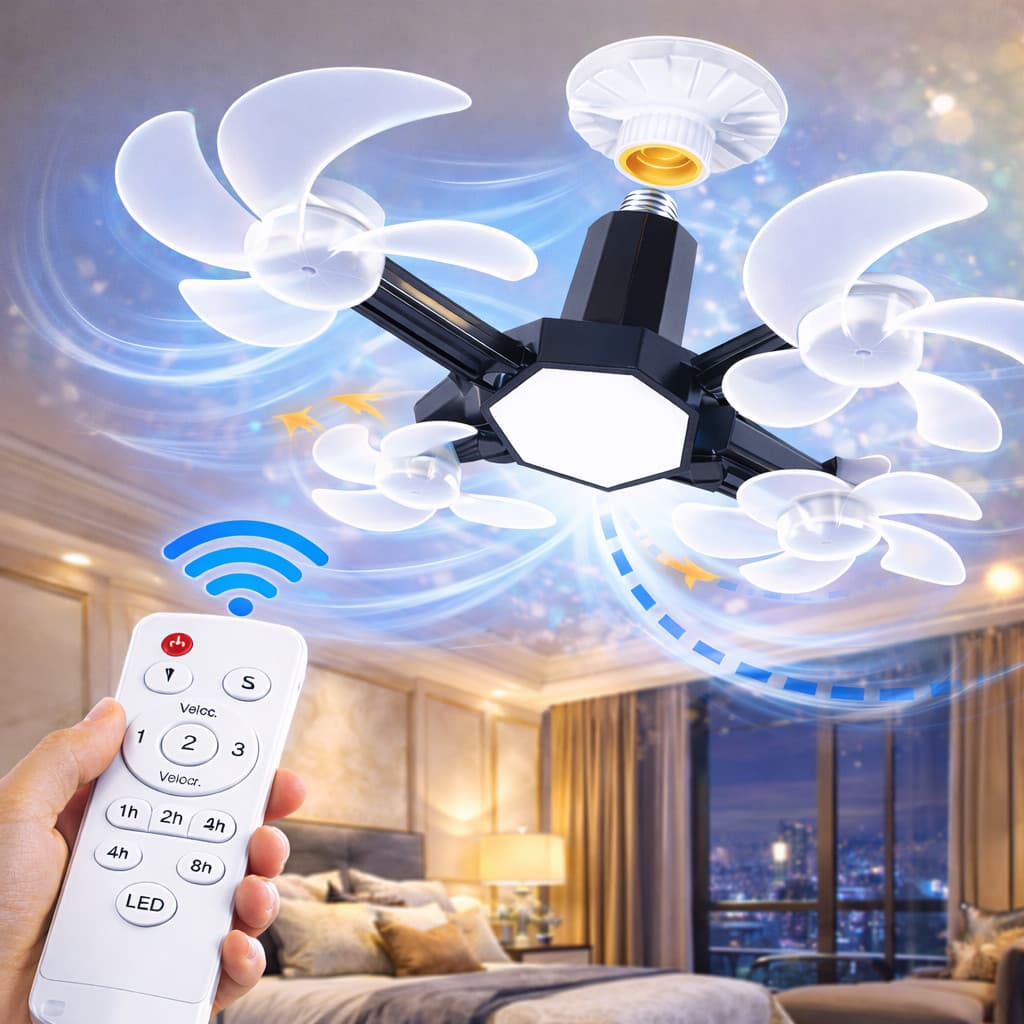 Ventilador Drone de Teto Lâmpada LED Bivolt Dobrável 60W Com Controle Remoto - Entrada E27 Com 4 Hélices