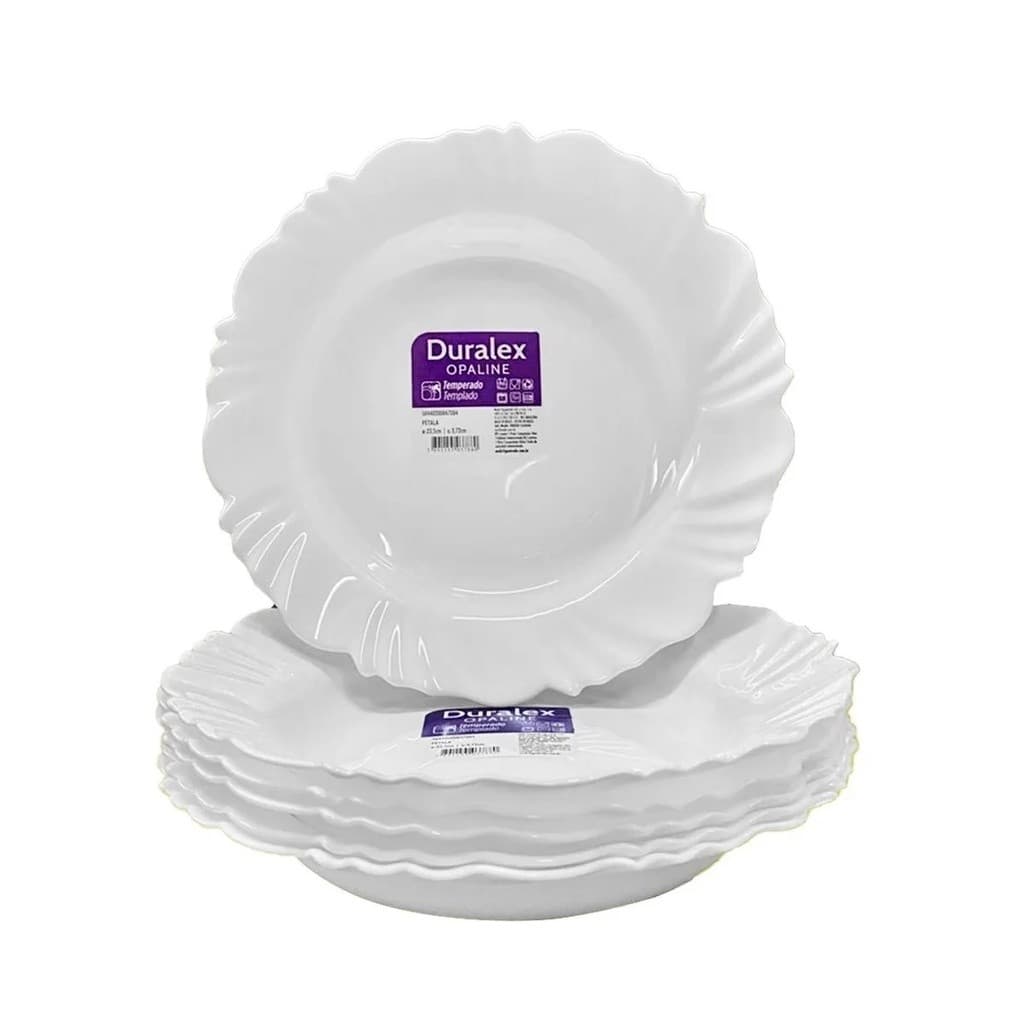 Jogo 6 Pratos Fundo Branco Duralex Opaline Pétala 23,5cm
