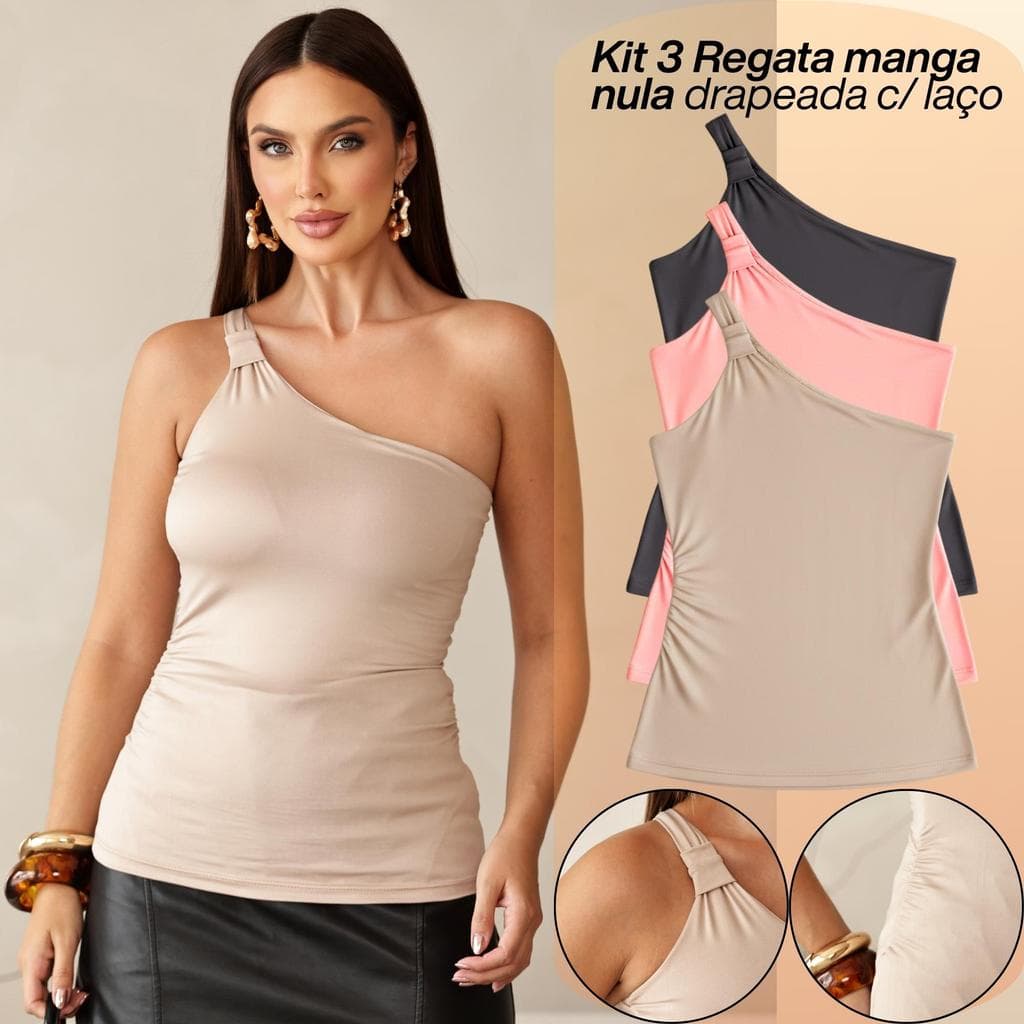 Kit 3 Blusas Regata Feminina Drapeada Manga Nula Malha Fresca Tendencia Verão