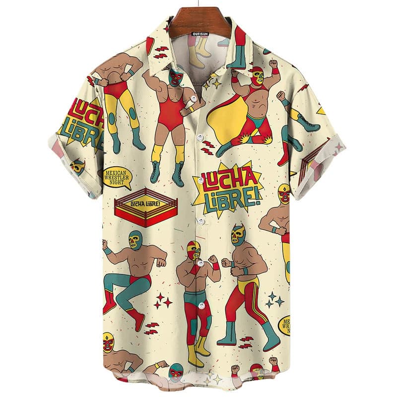 Camisa Vintage Masculina com Estampa 3D de Luta Mexicana, Roupas Masculinas de Alta Qualidade, Camisa Solta e Oversized,