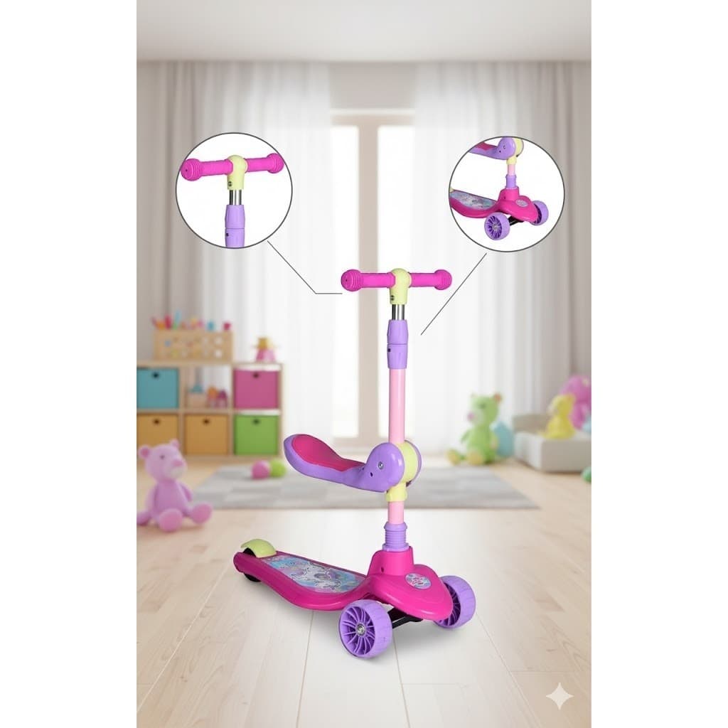 Patinete infantil 2 em 1 rosa assento ajustável scooter criança estável seguro