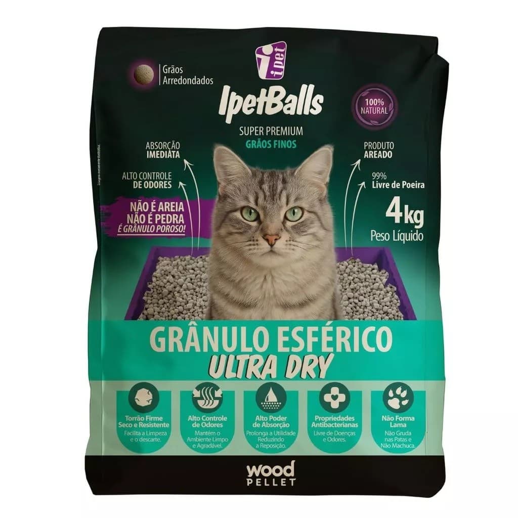 Areia Gatos Ultra Dry 4KG Graos Esferico Finos Ipetballs