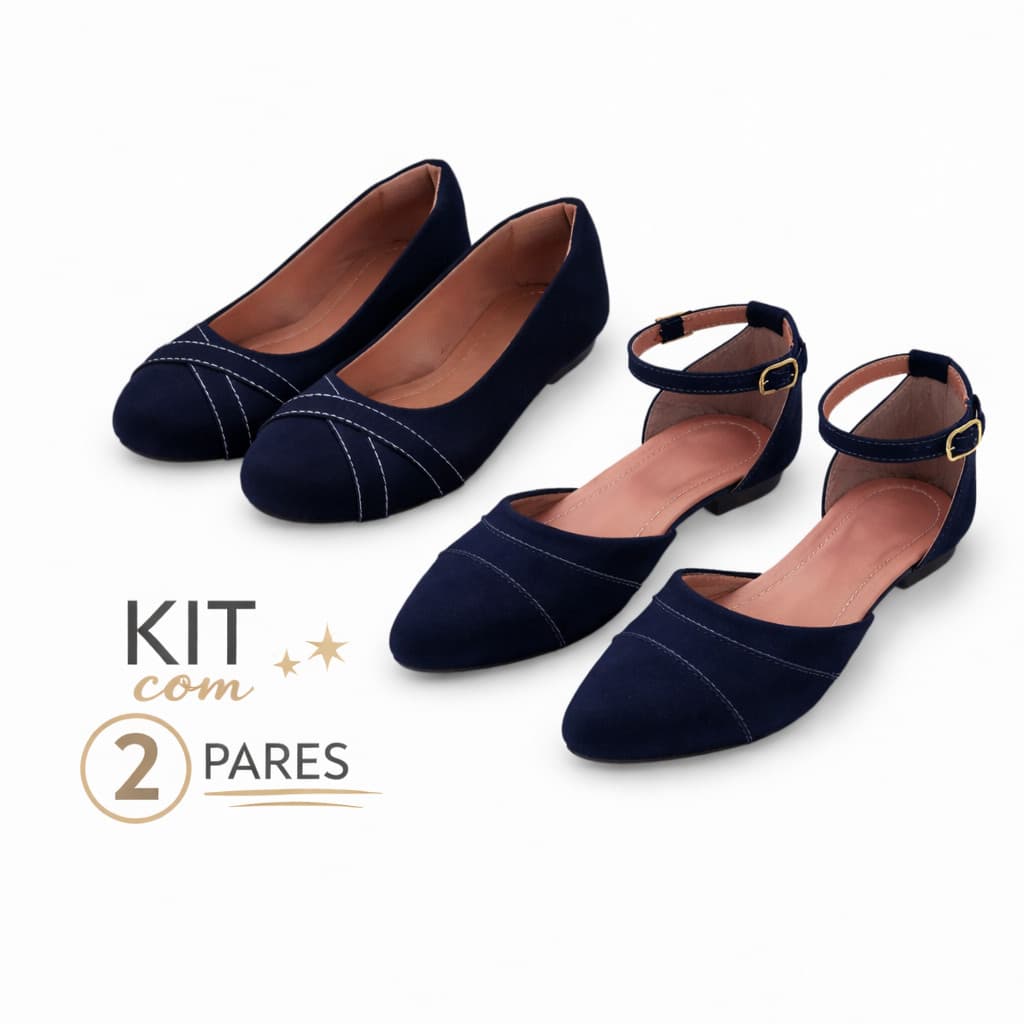 Kit 2 Pares Sapatilha Feminina Bico Redondo, Confortável, Casual e Social, com Tira no Tornozelo e Detalhe em Costura