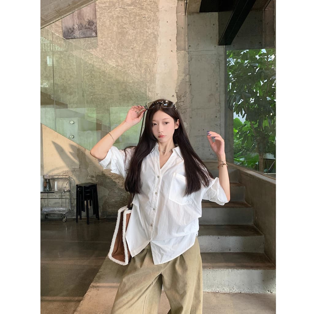 Coreano simples Casual versão solta All-Match cor sólida topo feminino estilo preguiçoso lapela meia manga Design camisa