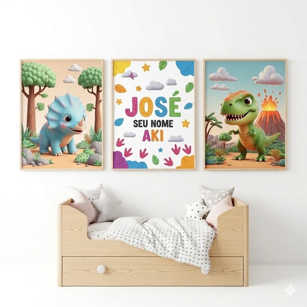 Kit 3 Placas Decorativas Infantil Dinossauro Personalizado Com Nome Quarto Menino Sem Moldura MDF