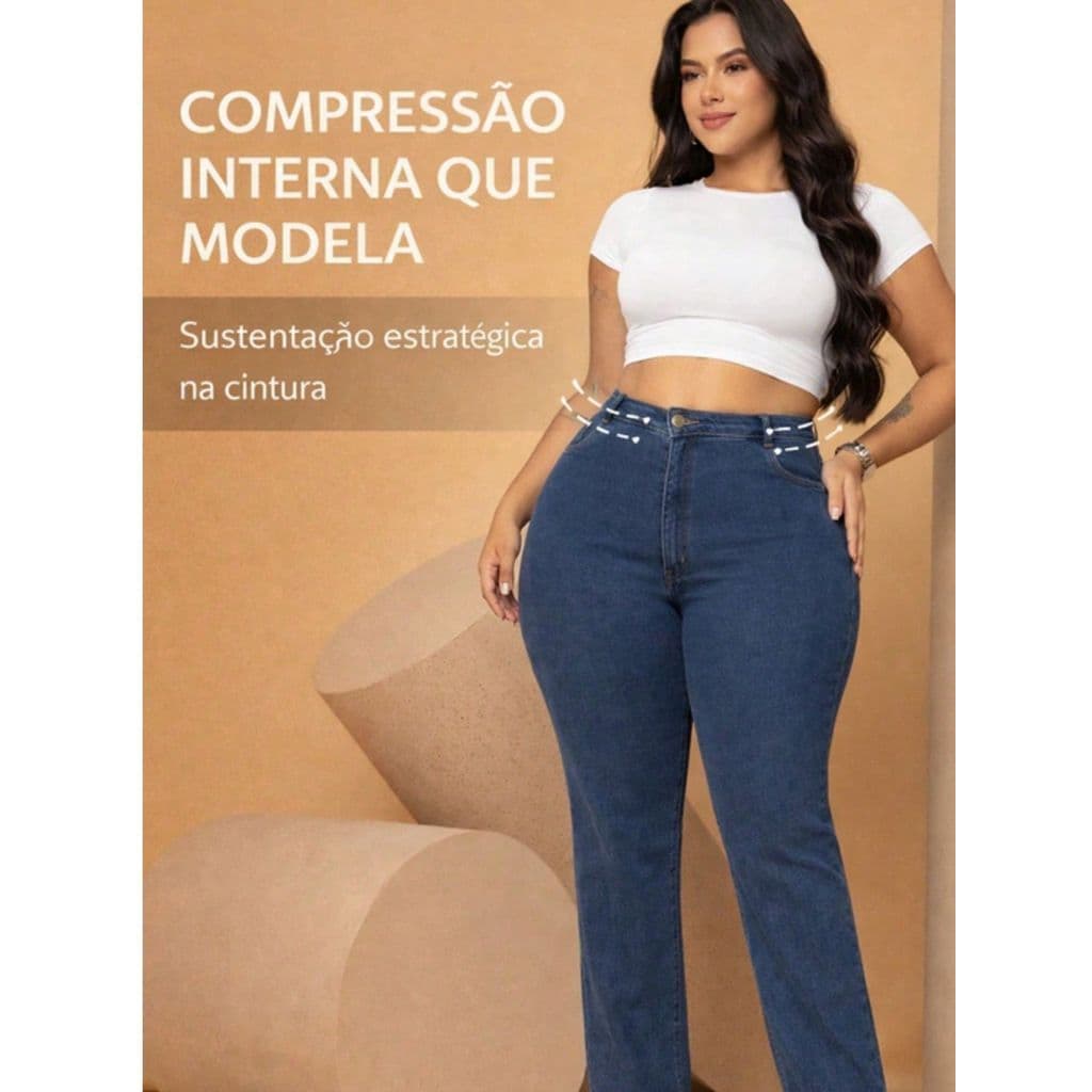 Calça Jeans Reta Plus Size Alta Modela Cintura Jeans Muita Lycra