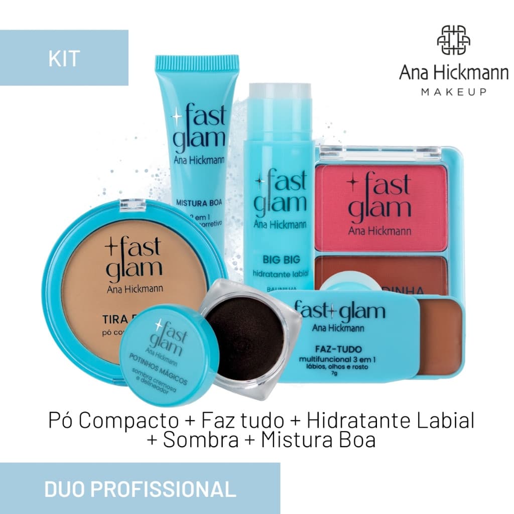 Kit Completo Fast Glam ( Blush + Pó + Base + Faz Tudo + Hidratante Labial + Sombra)