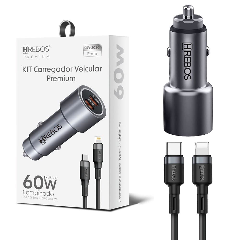 Carregador Veicular Turbo 60w + Cabo tipo-c conector lightning Para iPhone - Hrebos Premium
