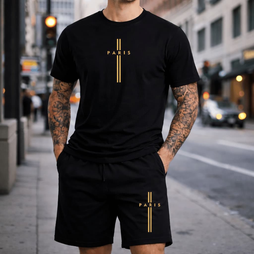Camiseta 100% Algodão + Short Mauricinho Tactel Conjunto Básico Paris Urban Style Envio Imediato