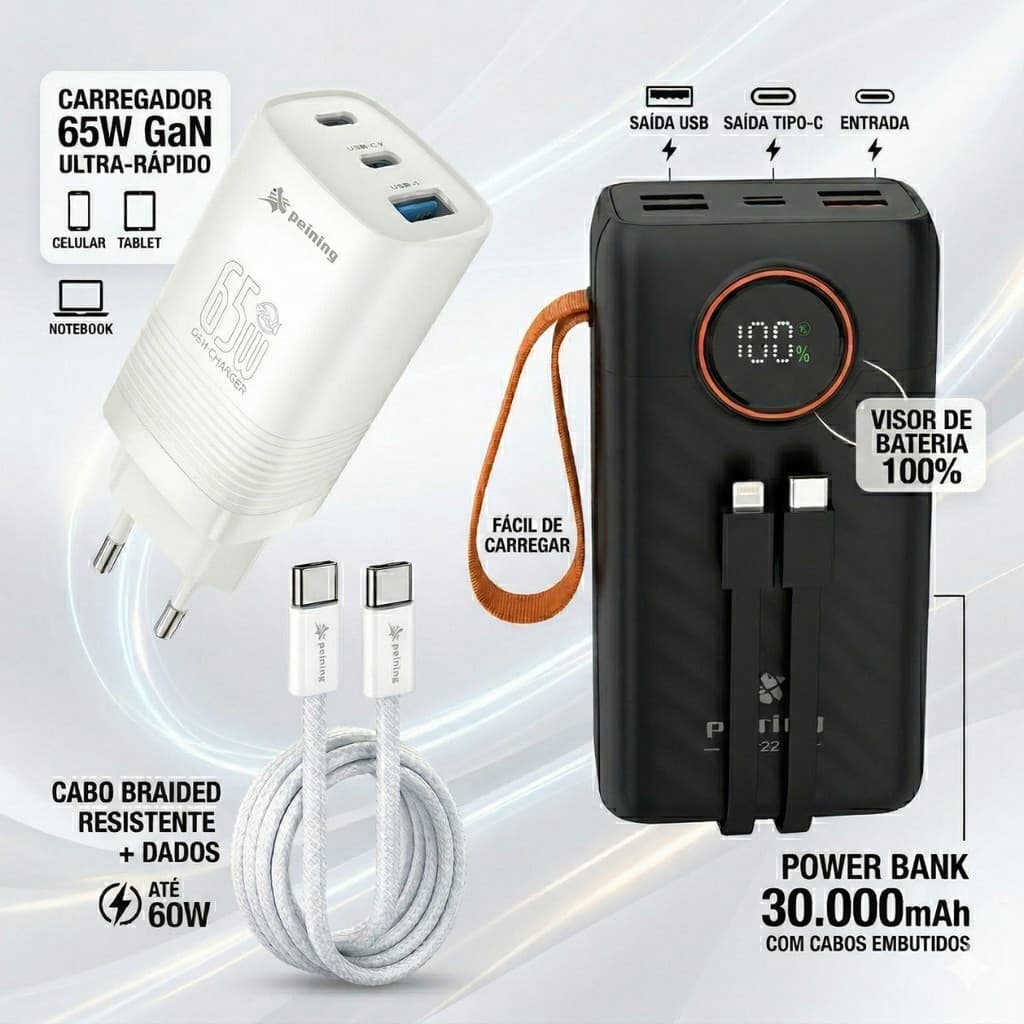 Kit Power Bank 30.000mAh + Carregador 65W + Cabo 60W Preto e Branco Original Peining