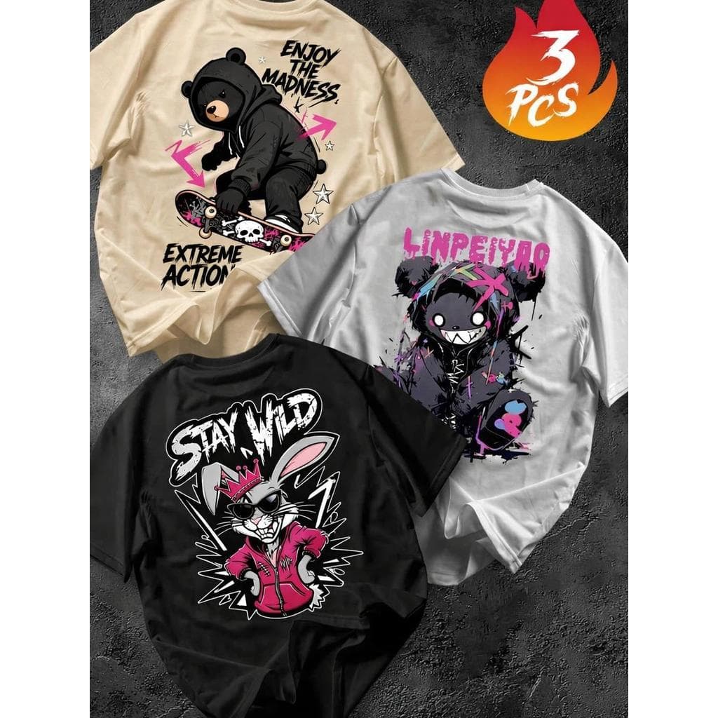 Kit 3 peças  Camiseta Masculina Algodão Premium Adulto Plus Size Infantil Streetwear Stay Wild Enjoy Coelho Urso Menino