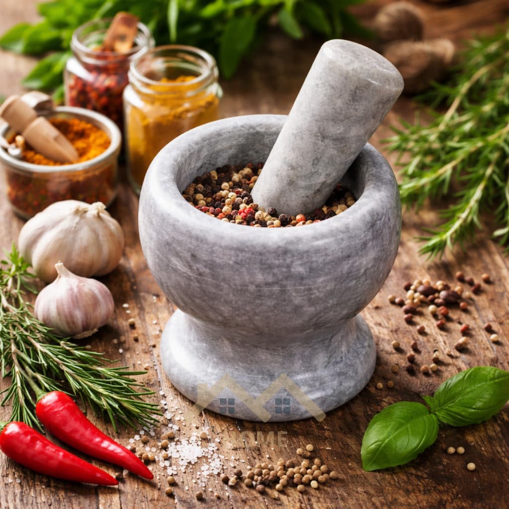 Pilão de Mármore Natural Socador Triturador Manual Para Temperos Alho Ervas Cozinha