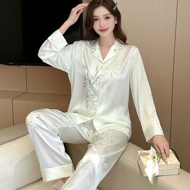 Hsinchu pijamas de seda gelo moda feminina simples calças de manga comprida feminino sentido nacional Homewear conjunto