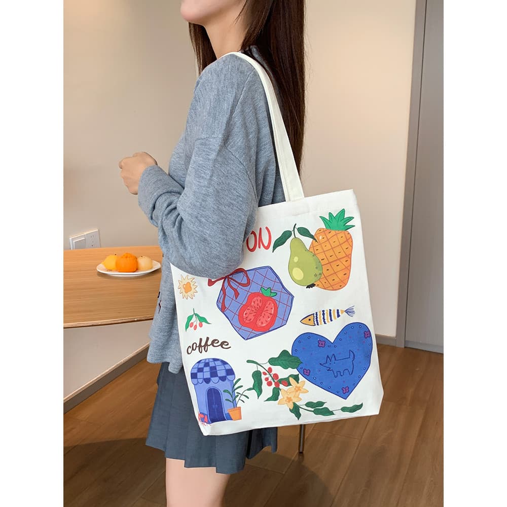 Bolsa de ombro de grande capacidade com estampa de desenho animado, bolsa de lona feminina 2026, novo estilo, bolsa de c