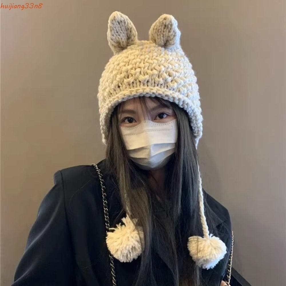 HUIJIANG Y2k Chapéu De Malha , Novo Design Coreano Com Orelha De Coelho , Proteção De Ouvido Casual Quente De Crochê À M