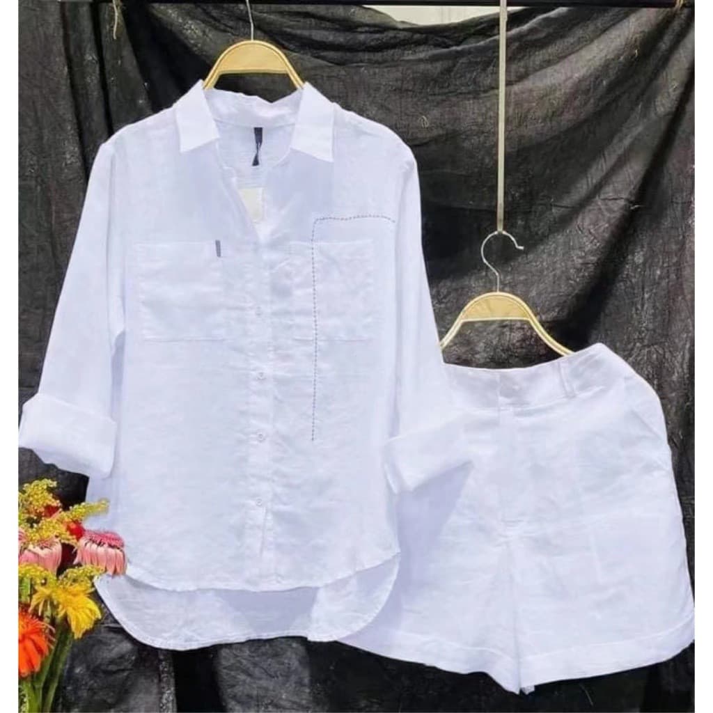 Conjunto de Verão Feminino 2024, com Shorts e Blusa Branca de Manga Longa, em Algodão e Linho OVJO NIFJ
