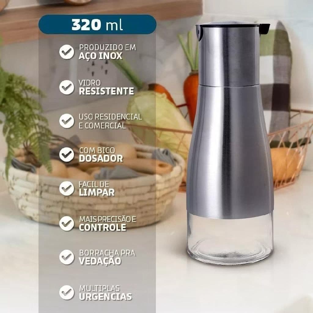 Dispenser de Azeite e Vinagre Inox com Vidro 320ml – Porta Óleo, Shoyu e Molhos | Luxo