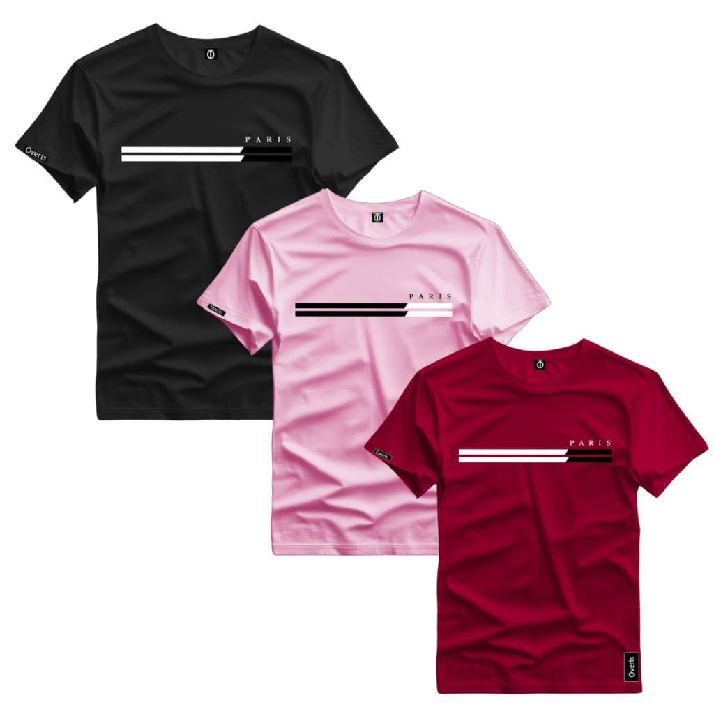 Kit 3 Camiseta Masculina Estampada Paris Duas Listras Style Tendencia Top Camiseta Malha Algodao