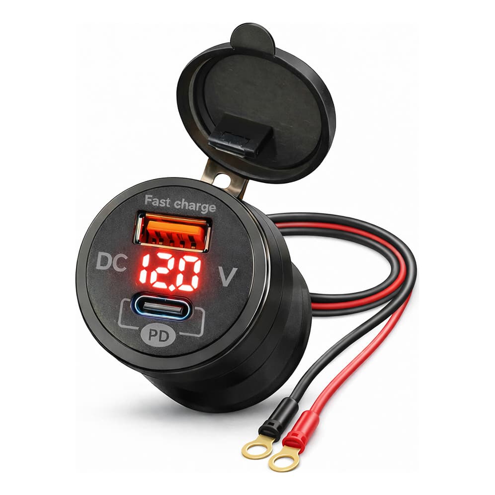 Tomada Carregado Qc 3.0 Pd Com Voltímetro Vermelho 12/24v