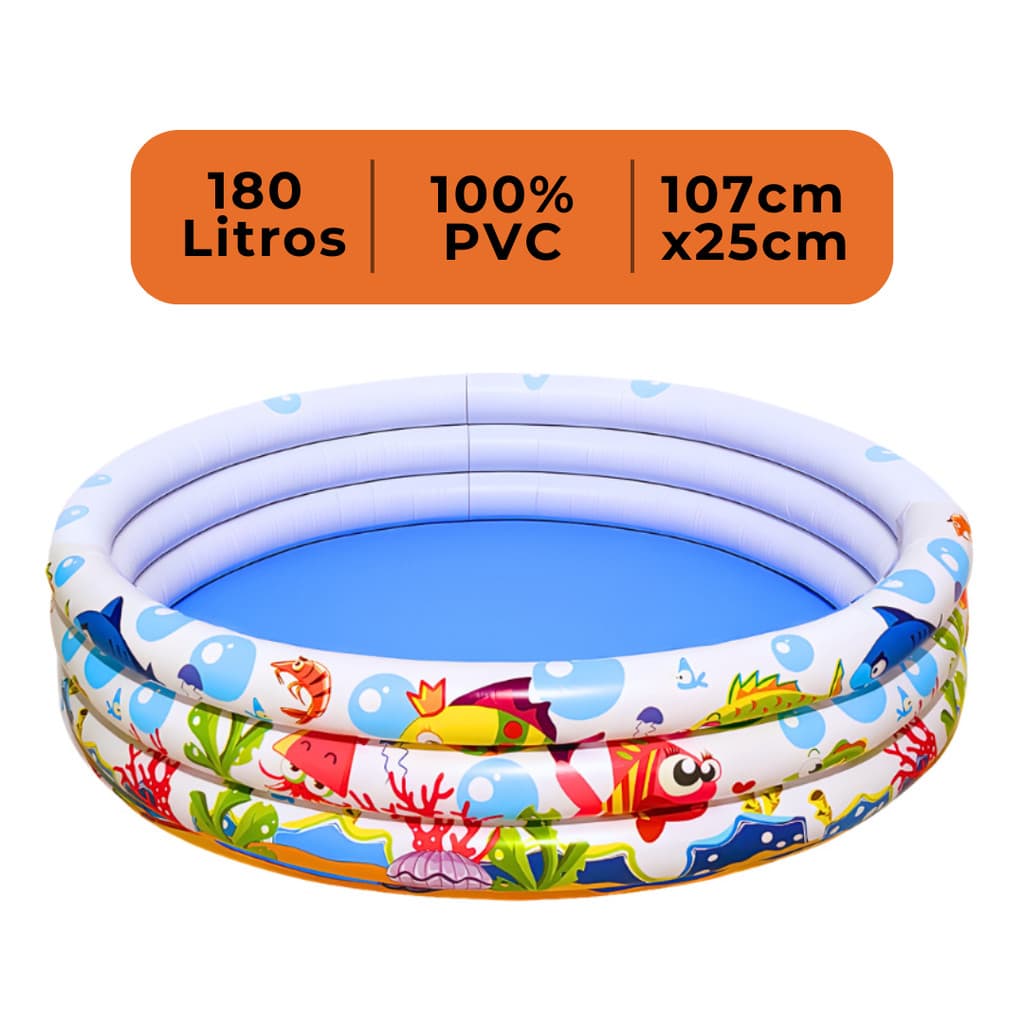 Piscina Inflável Infantil 180 Litros Redonda Colorida Fundo do Mar 107cm x 25cm Resistente PVC