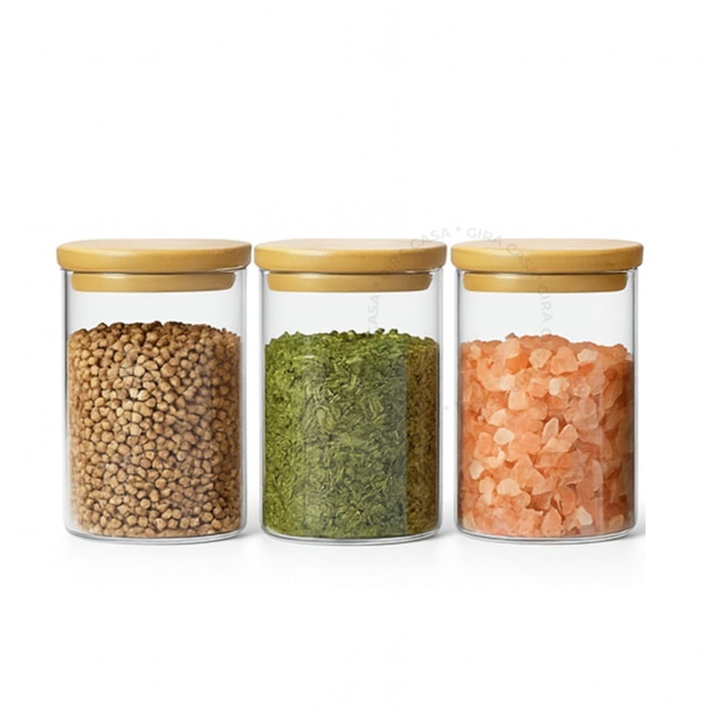 Kit 3 potes de vidro com tampa de bambu herméticos para mantimentos empilháveis