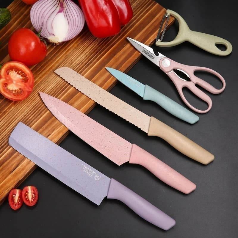 Kit Conjunto de Facas Coloridas com Tesoura e Descascador – Cozinha Gourmet (6 Peças)