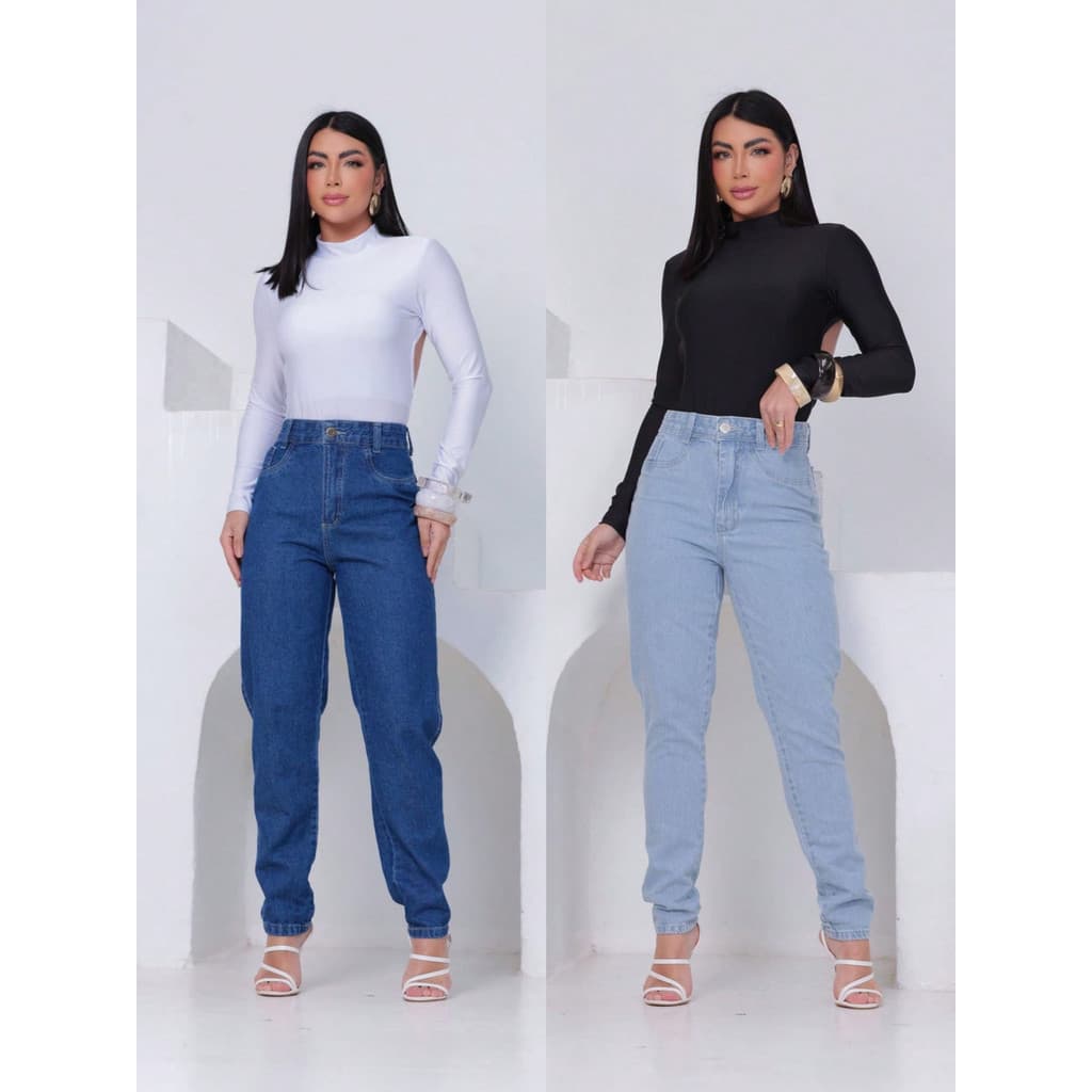 Kit 2 Calças Mom Jeans Feminina Barra Reta Cintura Alta 100% Algodão Tradicional Casual 36 Ao 44