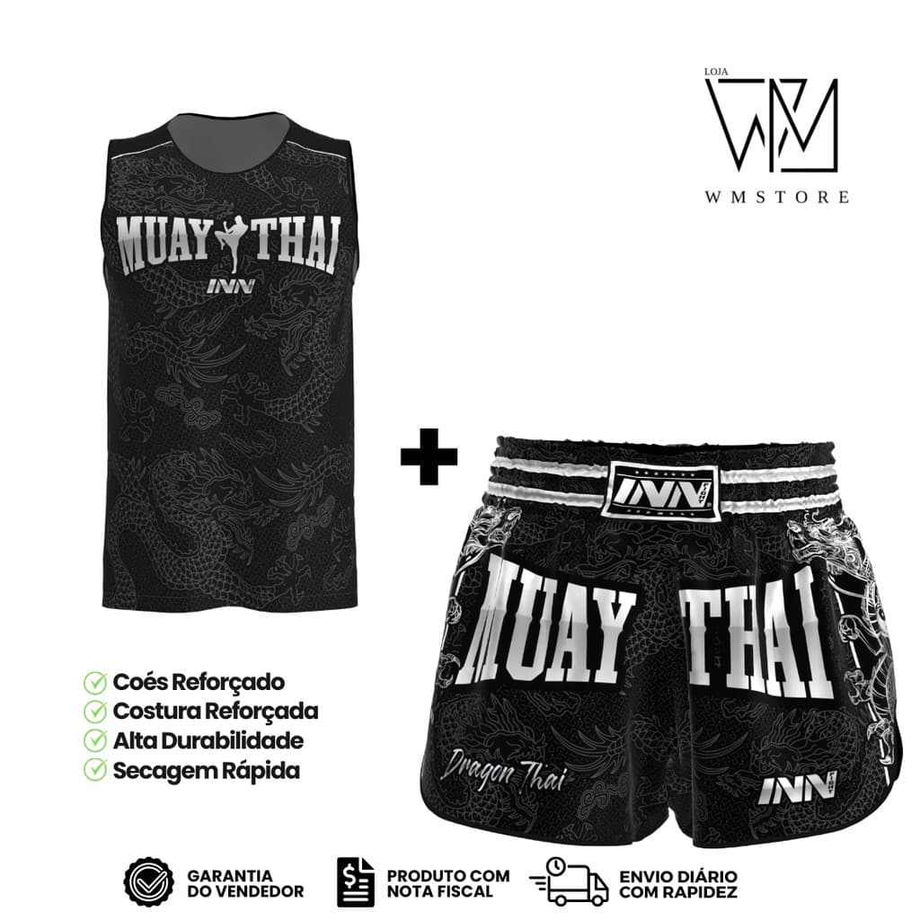 Conjunto Regata e Short Muay Thai Masculino Dragon Thai Cinza