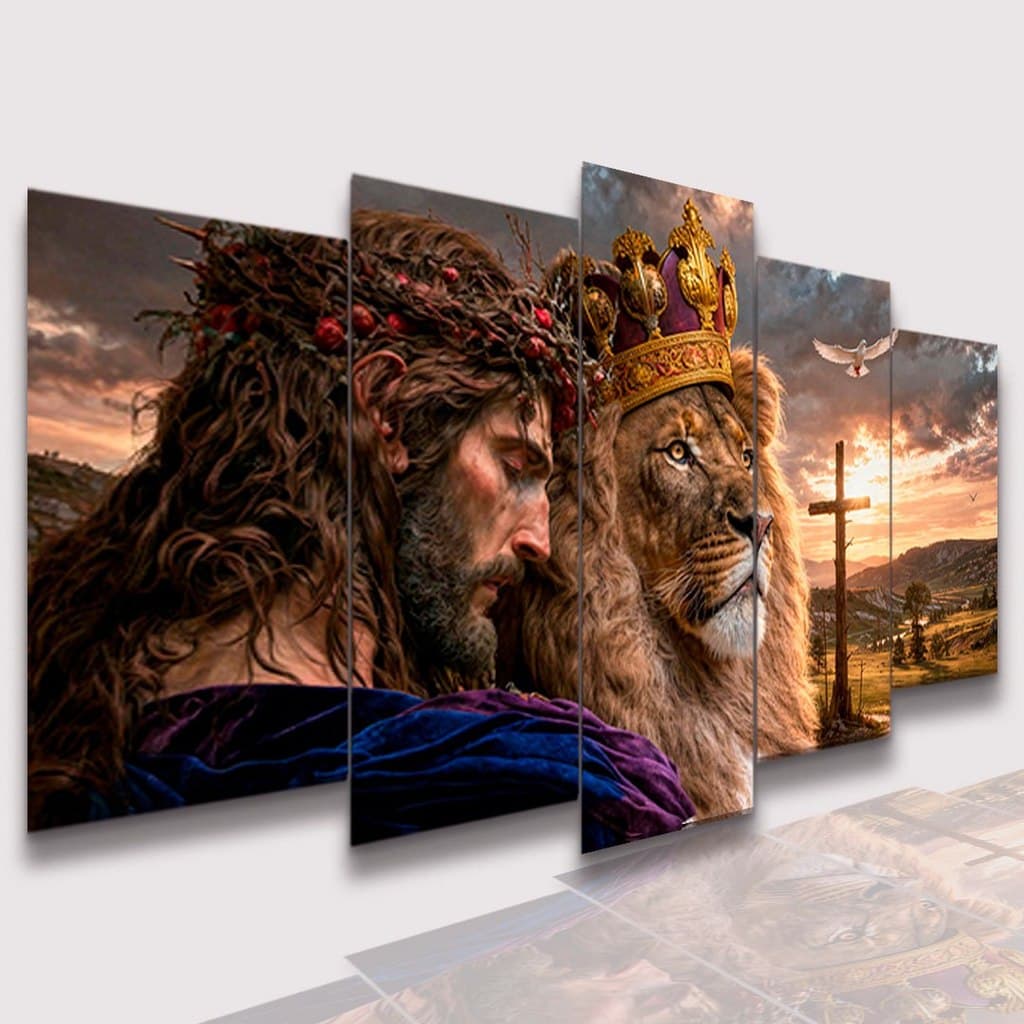 Conjunto de Quadros Decorativos Cristão Mosaico Leão de Judá Kit Parede Sala Quarto 04