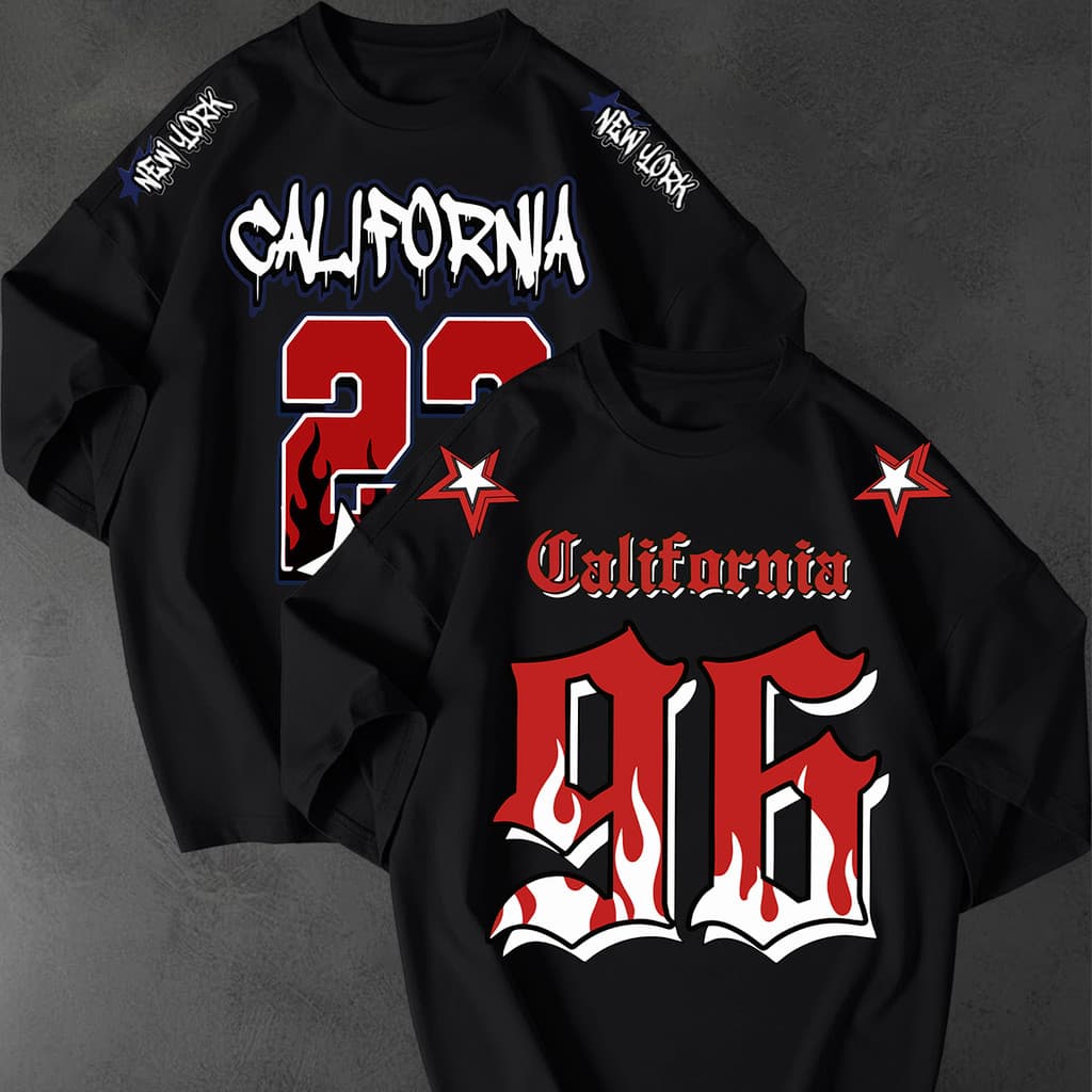 Kit 2 Camisetão Oversized Streetwear Estampa California 96 Chamas Unissex Solta Academia Gyn Urbana