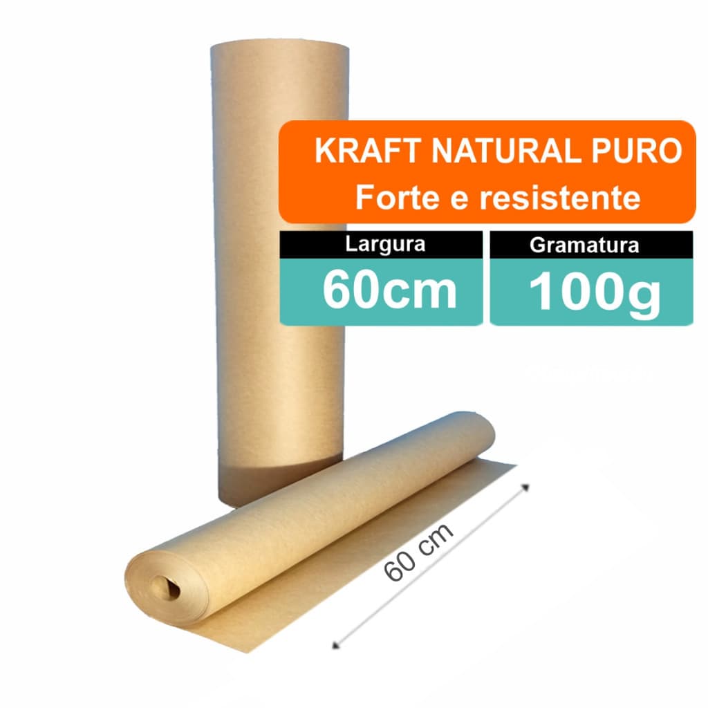 Bobina de Papel Kraft Puro Pardo 100/m2 X 60cm X 120 Metros 7,2Kg Moldes Embalagem Artes